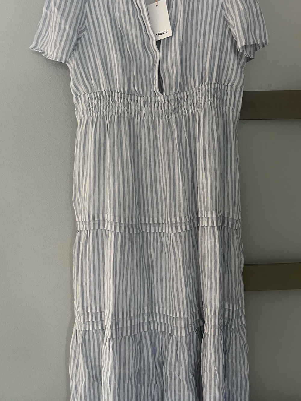 QUINCE 100% EUROPEAN LINEN TIERED MAXI DRESS XL LIGHT BLUE STRIP MSRP $84 NWT - Picture 8 of 14